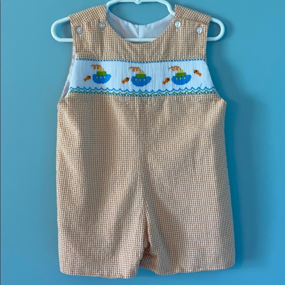 Baby boy smocked gingham romper shortall